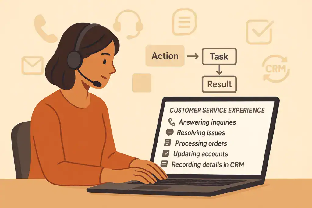 Illustration of a customer service representative with a headset typing on a laptop that displays sample experience bullet points, surrounded by icons and an Action &rarr; Task &rarr; Result diagram.