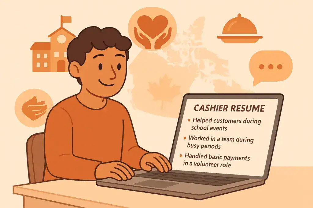 Illustration of a job seeker typing on a laptop displaying a cashier resume with transferable experience bullet points, surrounded by icons representing school activities, volunteering, hospitality, and communication, with a subtle Canada map and maple leaf in the background