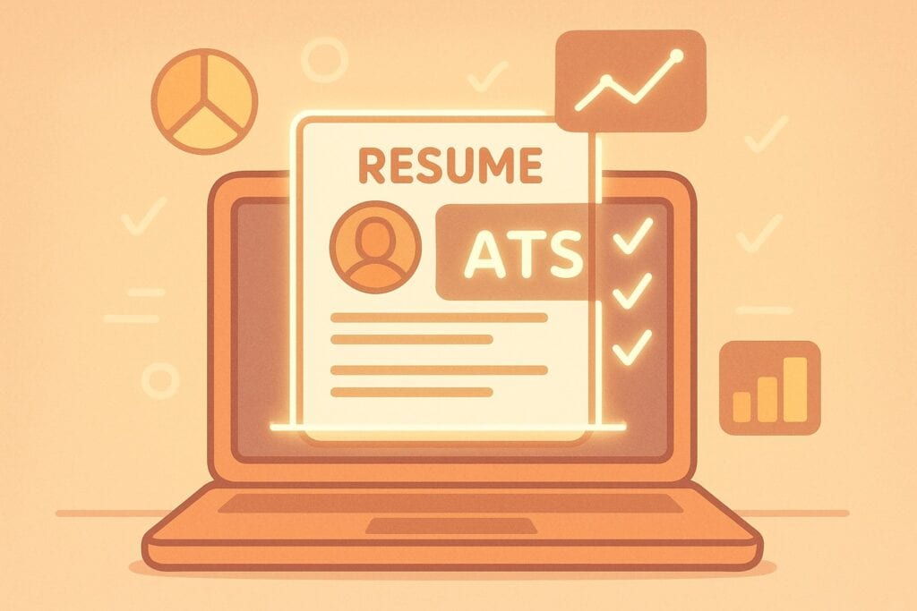 "Friendly cartoon illustration of a resume being scanned by an ATS system on a laptop, with checkmarks and glowing keyword highlights."