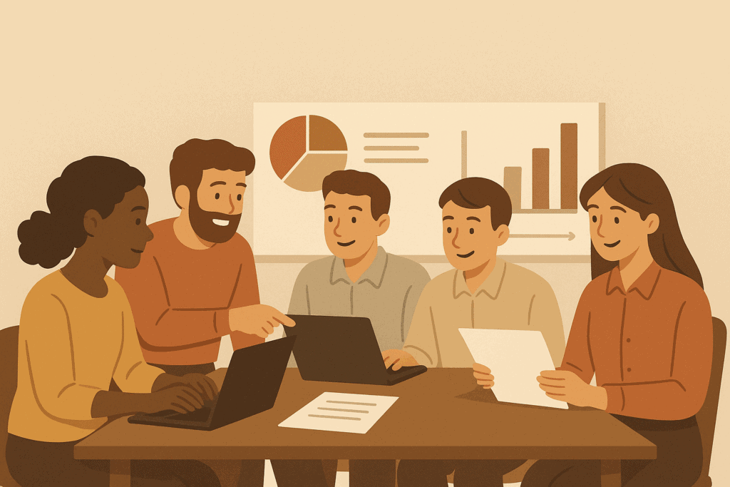 A clean, warm-toned, flat-style digital illustration of a diverse team of product managers collaborating around a table. They review documents, laptops, and charts while discussing product strategy. In the background, show a large presentation board with graphs, pie charts, and product roadmaps. The scene should feel professional yet friendly, with soft neutral colors (earthy browns, muted oranges, warm beiges). Characters should look engaged, cooperative, and analytical. The style must match a modern editorial tech-business illustration, similar to SaaS blog cover art. Landscape orientation.