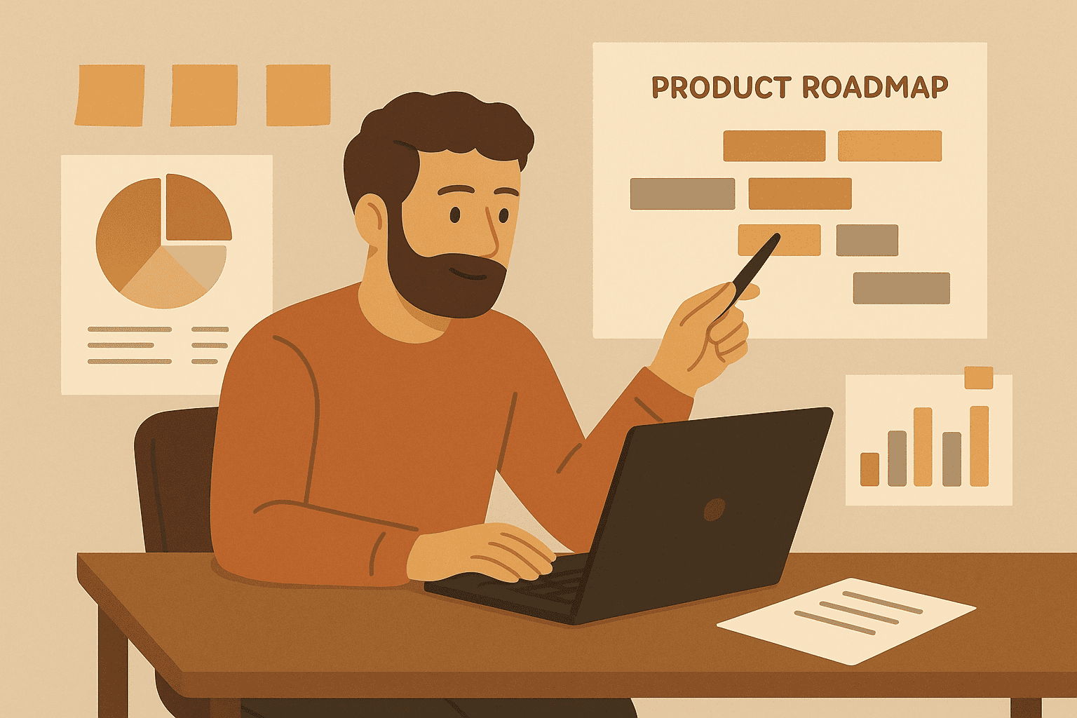 Product Manager working alone at a desk (with laptop, charts, sticky notes, roadmap)