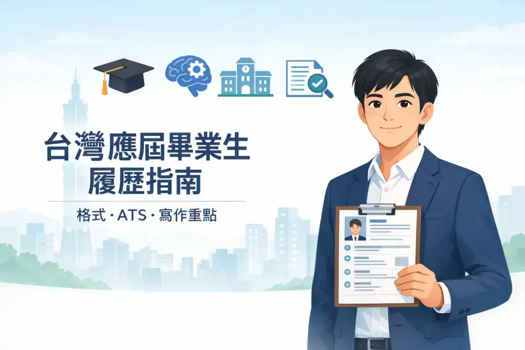 插画风格图片，一名台湾应届毕业生身穿西装，手持履历表站在城市背景前，画面文字为「台灣應屆畢業生履歷指南」，并搭配毕业帽、脑力、学校与履历审核等图标，主题聚焦履历格式、ATS 系统与写作重点。