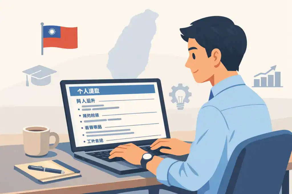 一名台灣求職者坐在書桌前使用筆電撰寫履歷，螢幕顯示以繁體中文編寫的台灣履歷結構，背景包含台灣地圖與國旗，呈現專業、清晰的履歷製作情境。