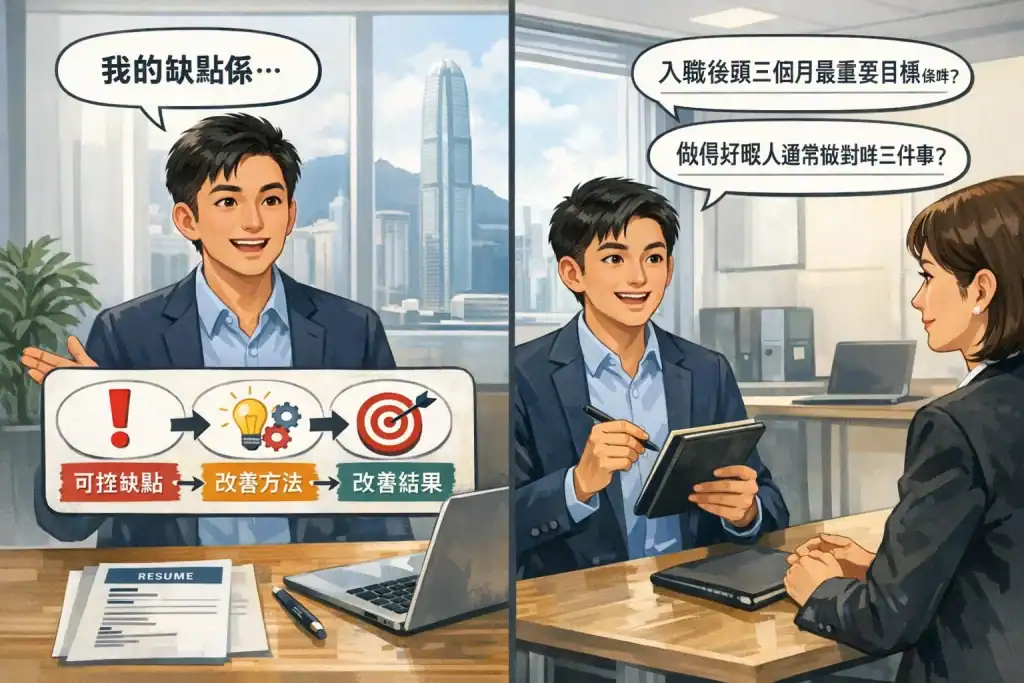 插圖顯示香港求職者在面試中回答缺點問題並提出反問，畫面同時標示三步法「可控缺點 &rarr; 改善方法 &rarr; 結果」，以及兩個反問範例，背景為現代辦公室，氛圍專業且聚焦面試策略。