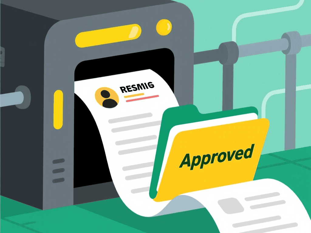 Vector graphic of a resume passing successfully through a digital ATS scanner with an approval signal.