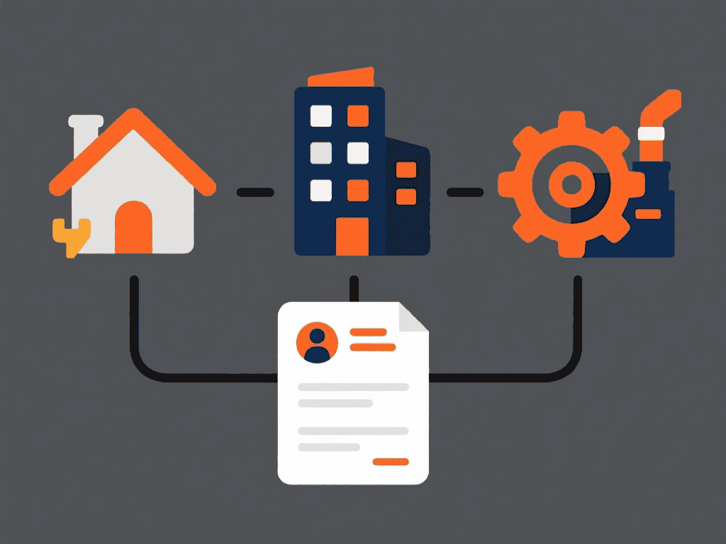 Icons of a house, office building, and factory connected to a resume, symbolizing tailored applications.