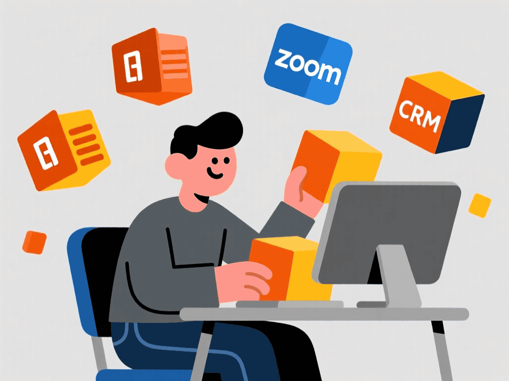 Cartoon admin assistant organizing digital icons representing software proficiency.