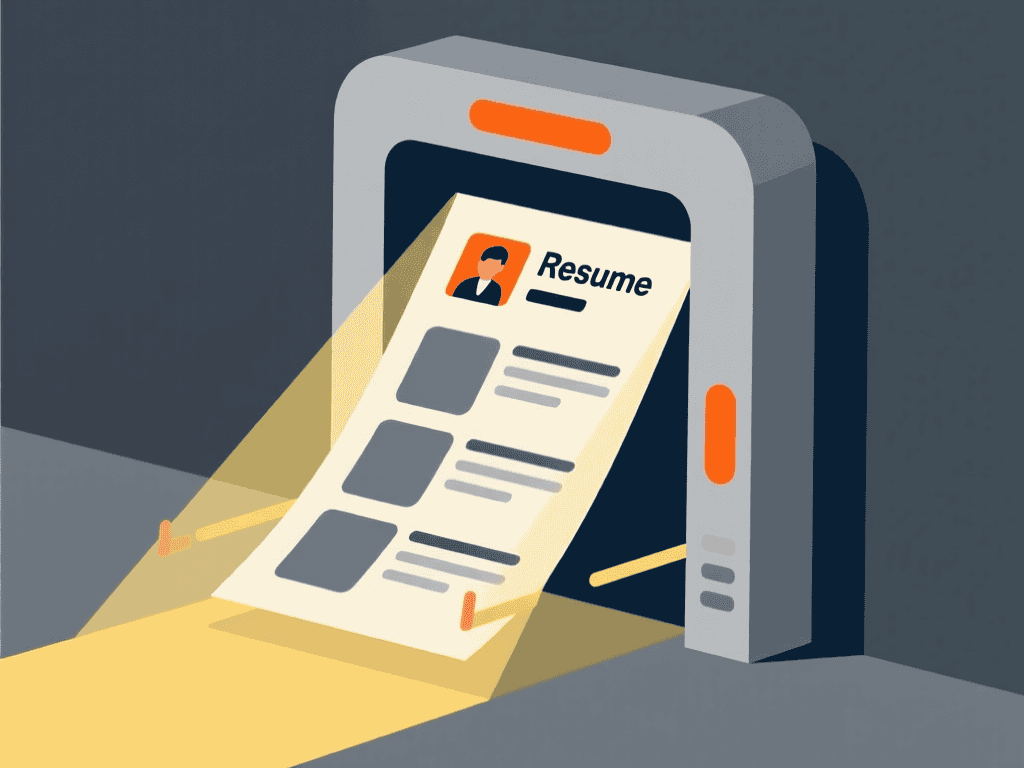 A resume document passing smoothly through a digital scanner representing ATS optimization.