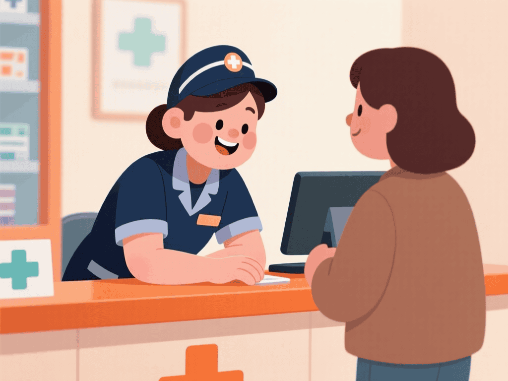 Pharmacy technician smiling and assisting a patient at the counter.