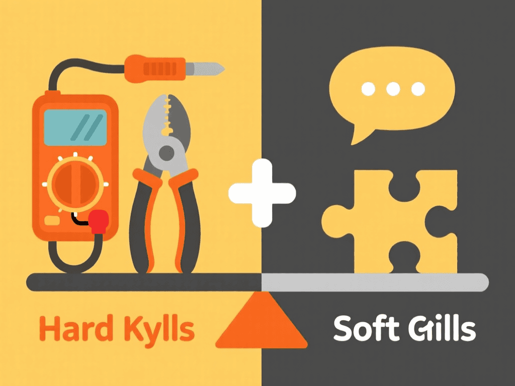 Illustration showing a balance between electrical tools and communication symbols representing hard and soft skills.
