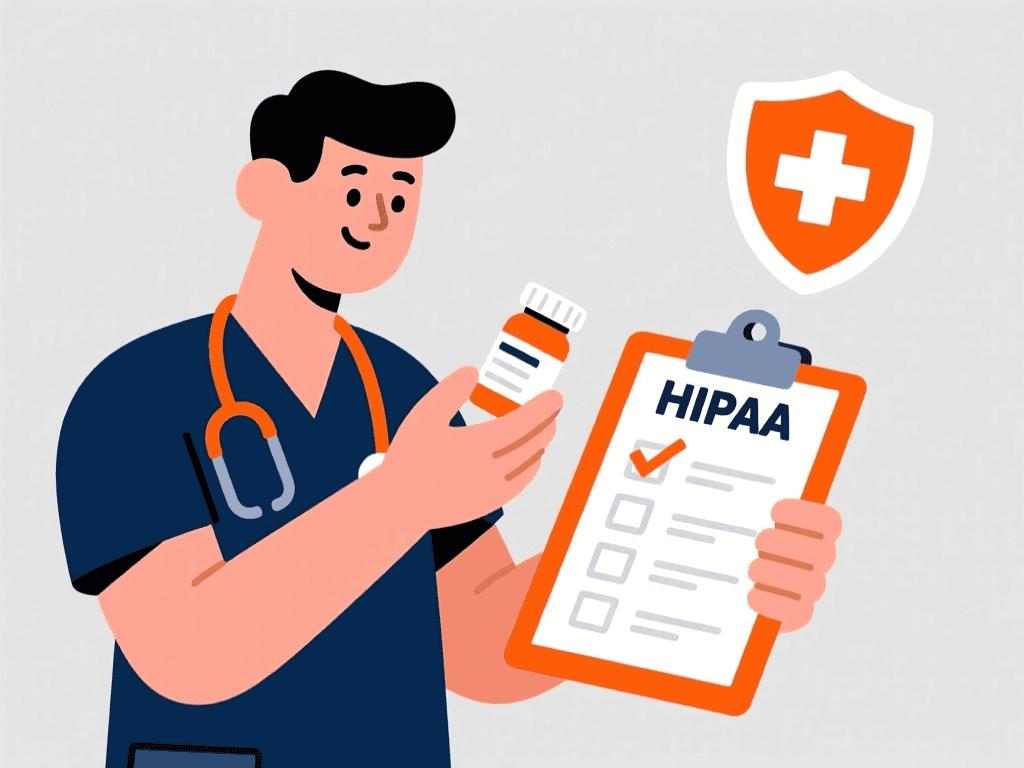 Pharmacy tech verifying medication labels against a safety checklist.