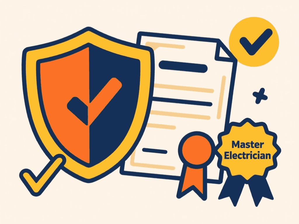 Illustration of a safety shield, an official certificate, and a master electrician badge.
