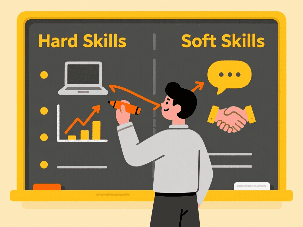 Character balancing hard technical skills and soft interpersonal skills on a chart.