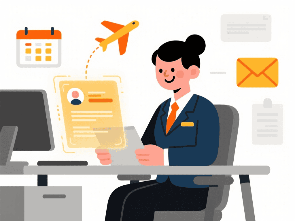 Illustration of an administrative assistant reviewing a modern digital resume at a desk.