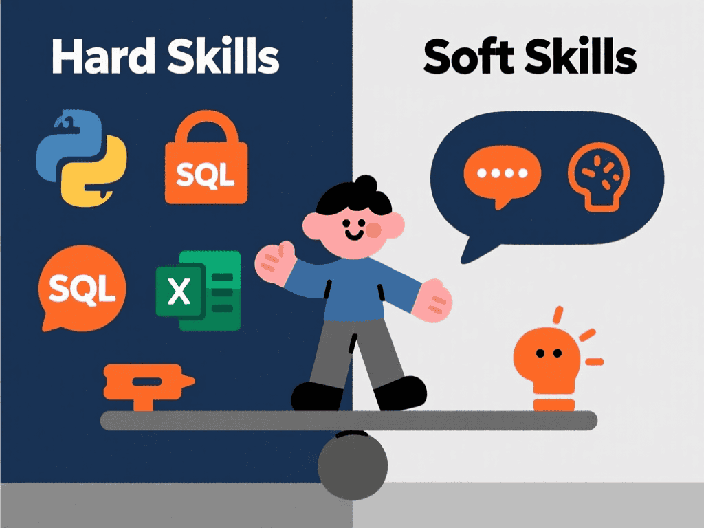 Cartoon graphic comparing technical finance skills like Python with soft skills like communication.