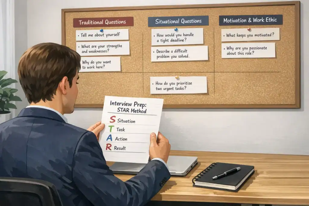 Illustration showing common interview question types displayed on a preparation board, with a candidate reviewing examples and using a STAR method cheat sheet in a professional workspace.