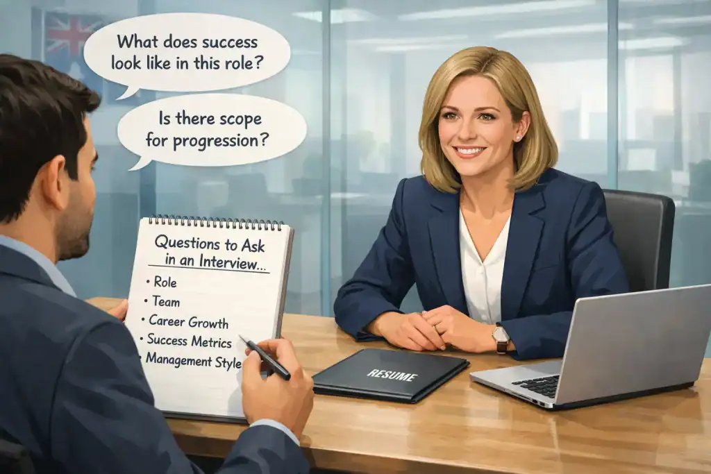 Illustration of a professional job interview where a prepared candidate asks thoughtful interview questions about the role, team, and career growth, in a modern Australian office setting.