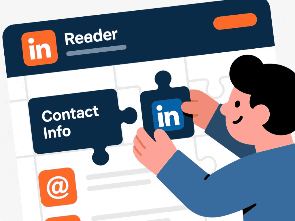 Illustration of a character organizing the header section of a resume with contact details and social links.