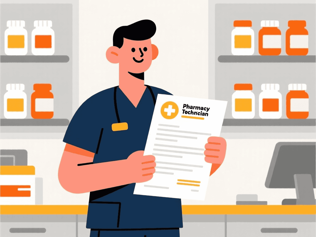 Illustration of a pharmacy technician holding a professional resume in a pharmacy setting.