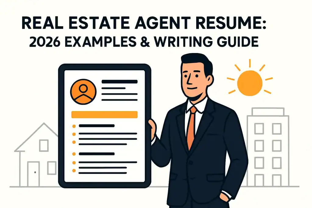 A stylized real estate agent holding a tablet with a resume, set against a housing background.