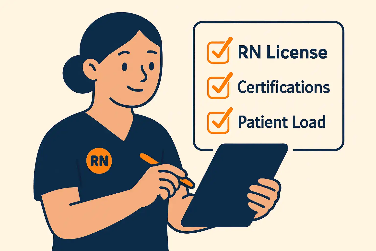 A nurse character checking off essential requirements like licensure and certifications on a list.