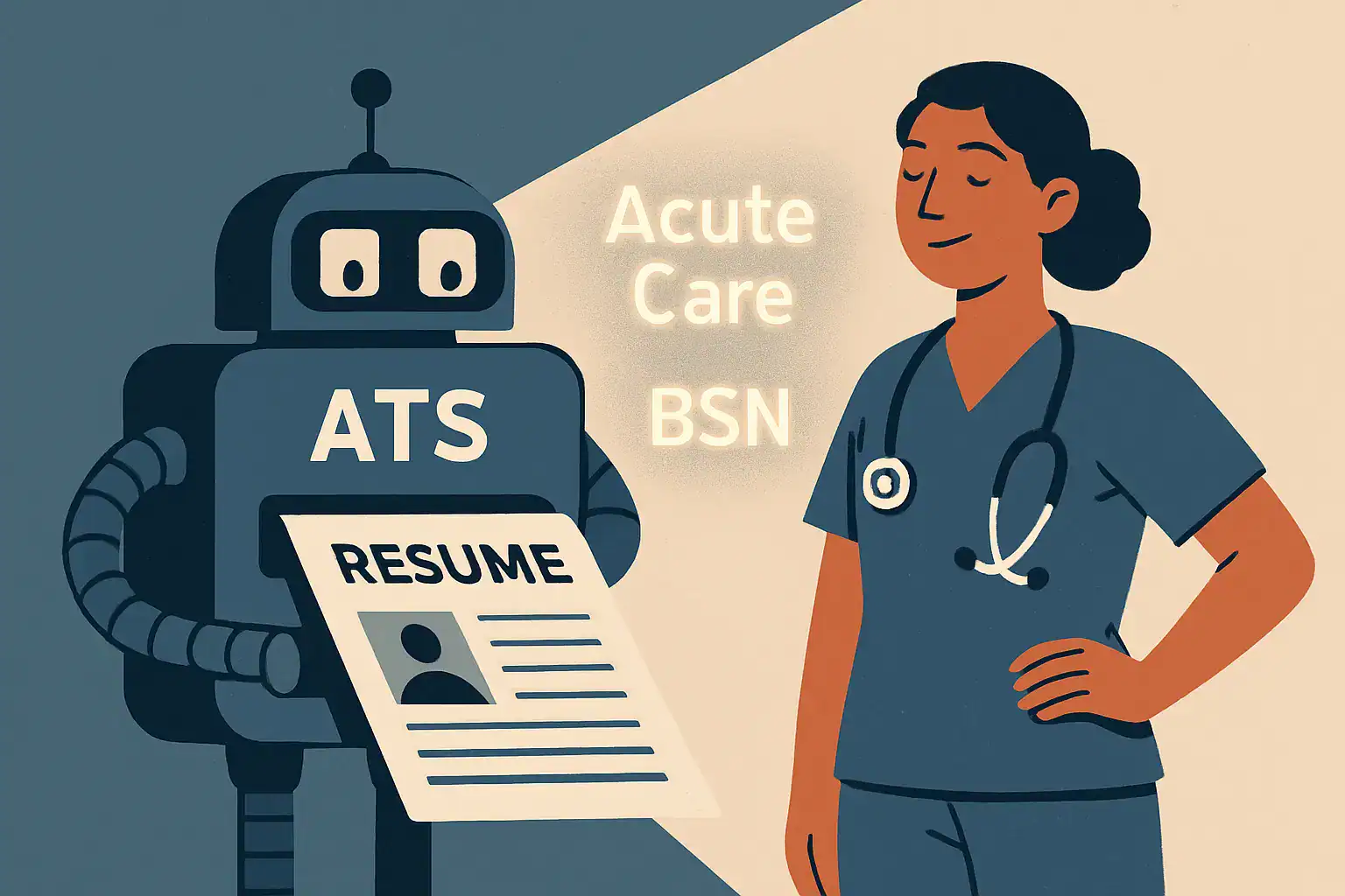 A nurse's resume being scanned by a friendly robot, highlighting keywords for digital screening.