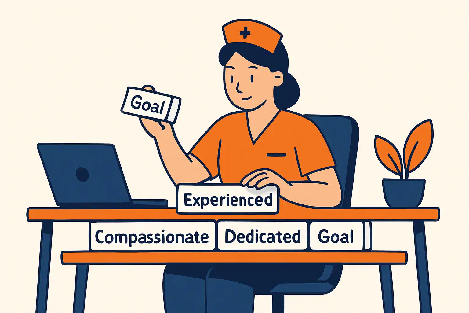 A nurse character building a resume objective sentence using floating text blocks.