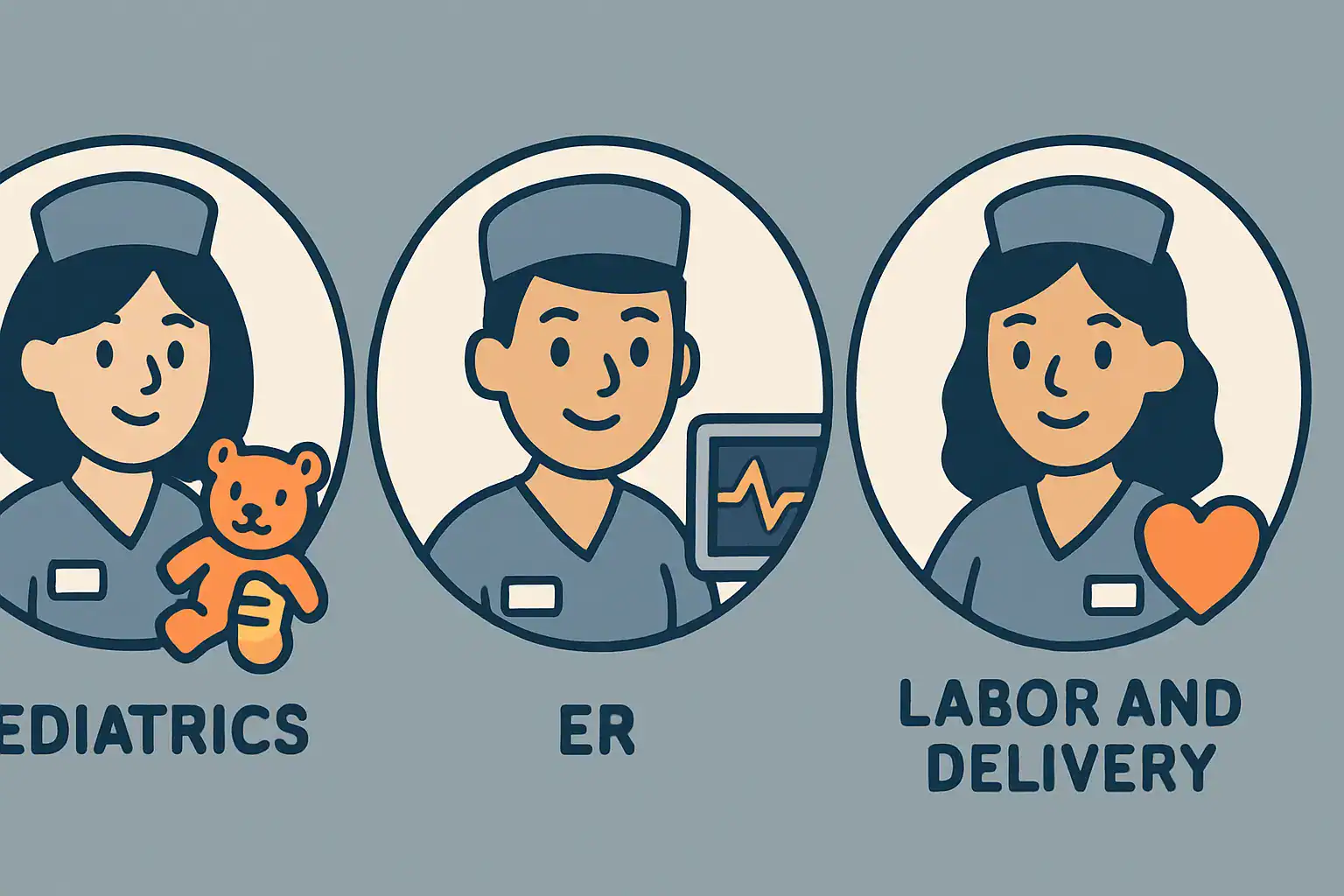 Three circular icons showing nurses in Pediatric, Emergency Room, and Labor and Delivery settings.