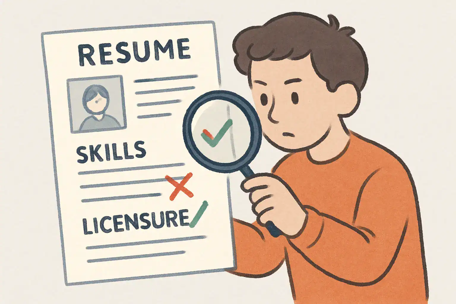 A character using a magnifying glass to check a nurse resume for typos and formatting errors.