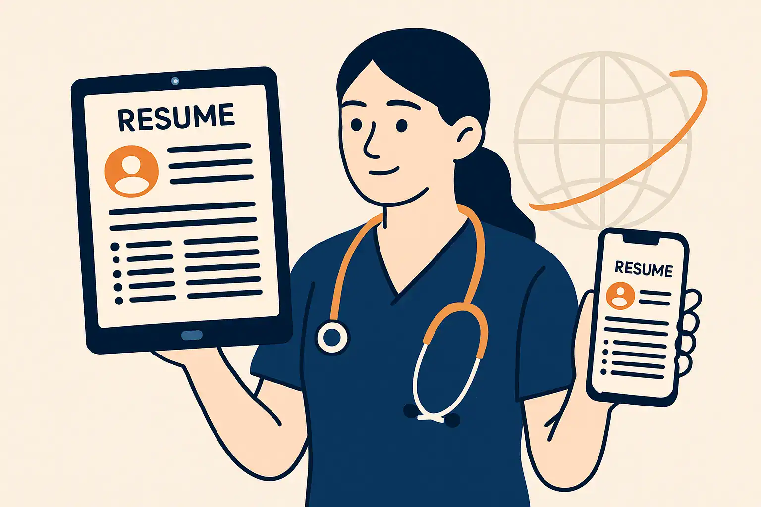 A nurse showing a digital resume on a tablet and phone, optimized for 2026 standards.
